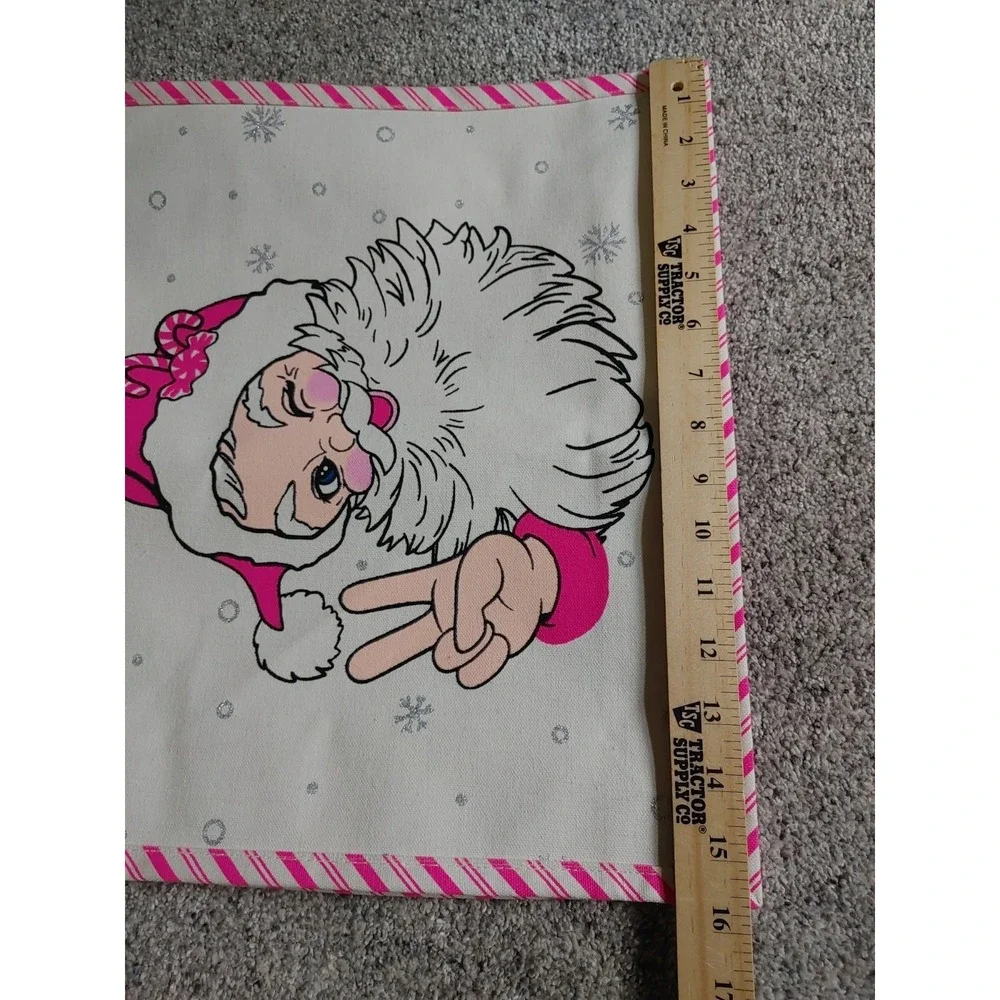 Pink Canvas Tote Gift Bag Winking Retro Santa Christmas Peace Candy Striped